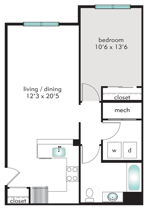 Floor plan for 1 bed, 1 bath, 738 sqft
